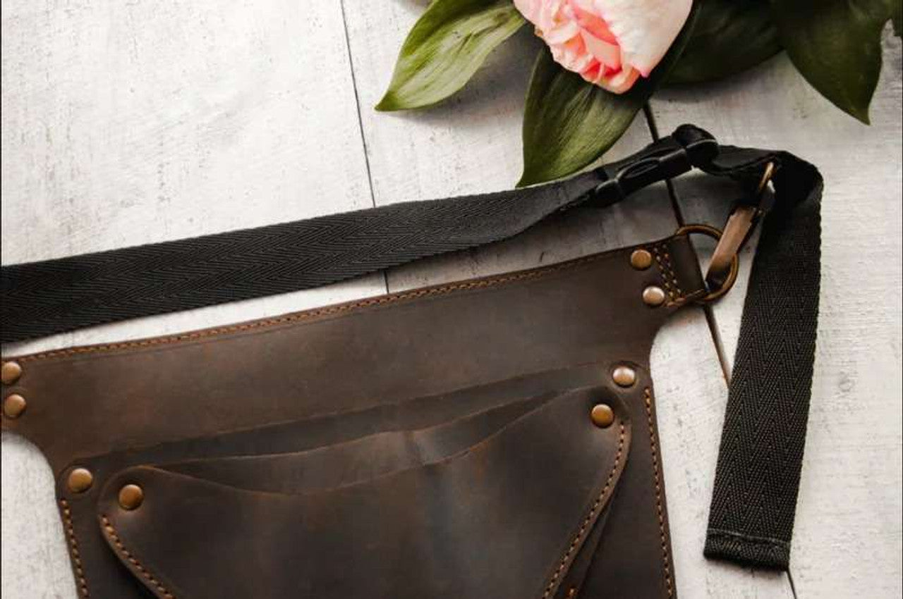 tool belt, hairstylist tool belt, brown tool belt, brown hairstylist, leather florist tool belt