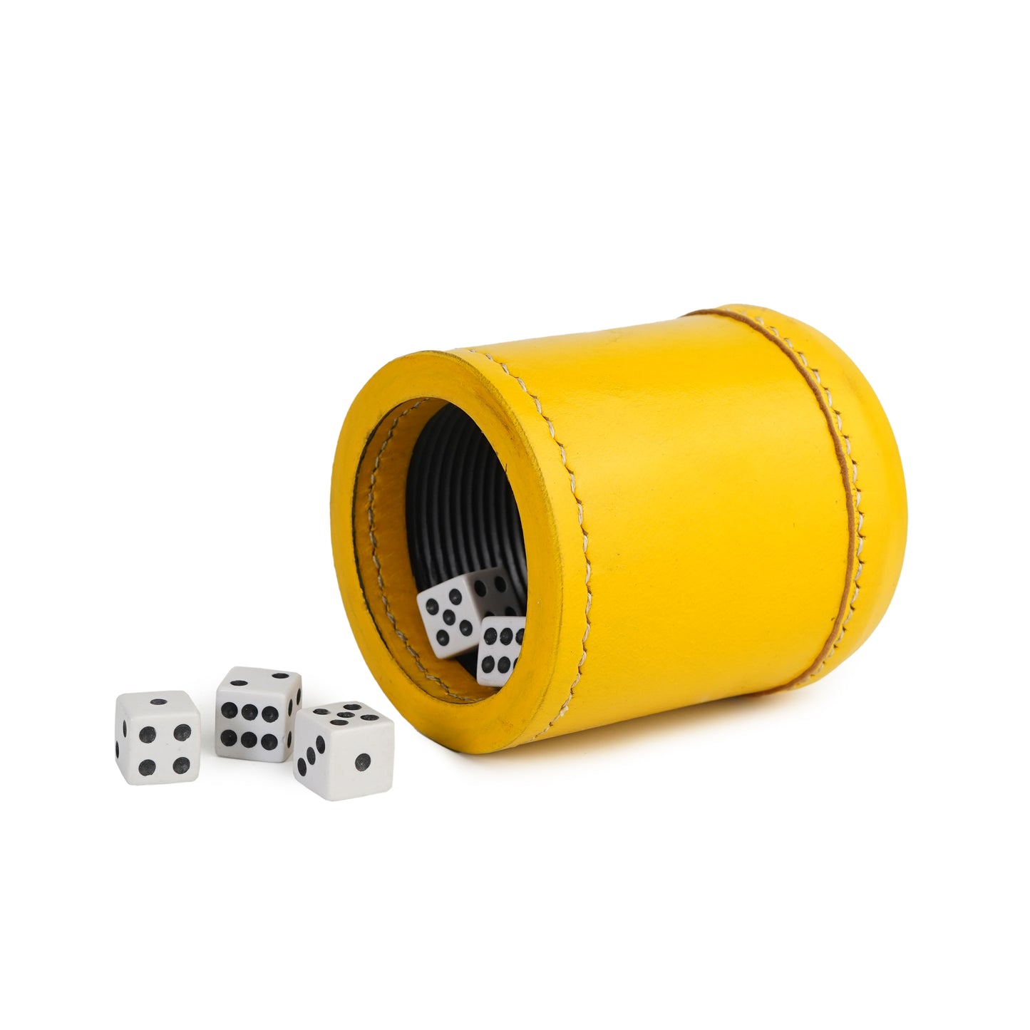 dice cup, leather dice cup, yellow dice cup, yellow leather dice cup, leather antique dice cup