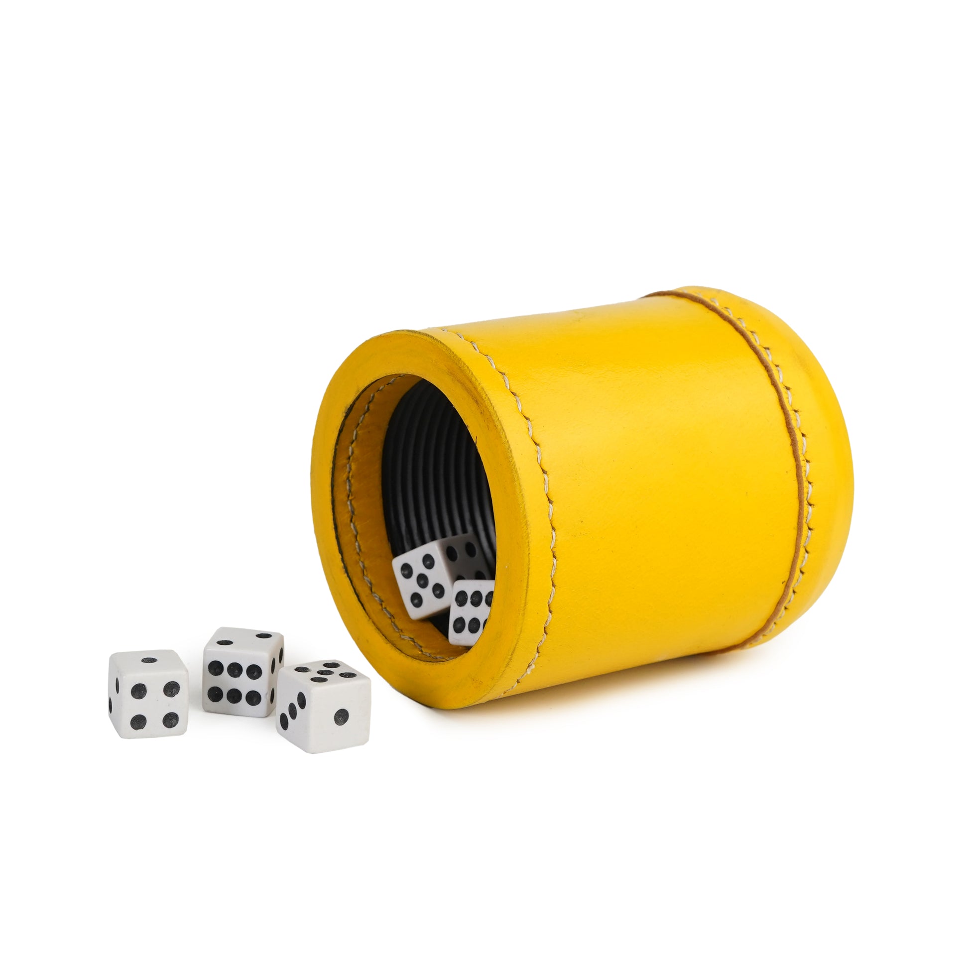 dice cup, leather dice cup, yellow dice cup, yellow leather dice cup, leather antique dice cup