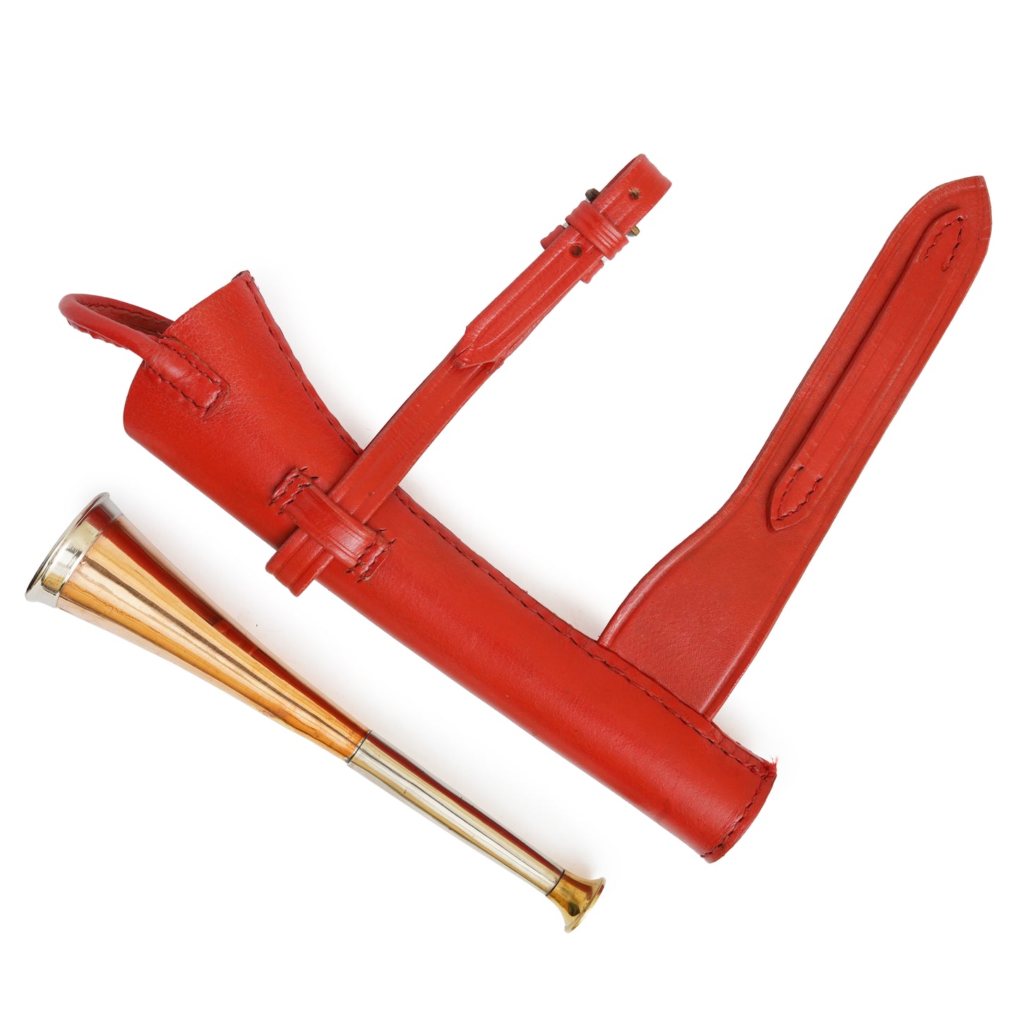 hunting horn, fox hunting horn, fox horn, red leather case, leather case, copper fox hunting horn