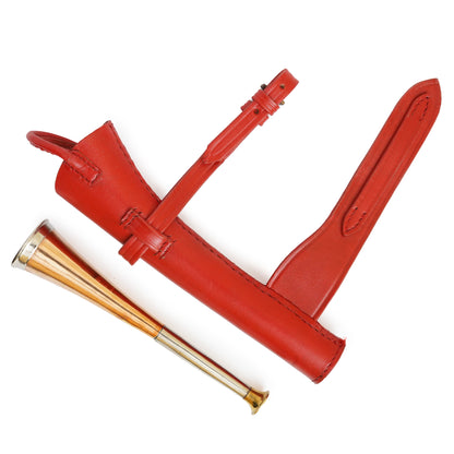 hunting horn, fox hunting horn, fox horn, red leather case, leather case, copper fox hunting horn